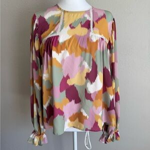 Fate Pink Yellow Print Bishop Sleeve Blouse Women’s M Preppy Workwear Business